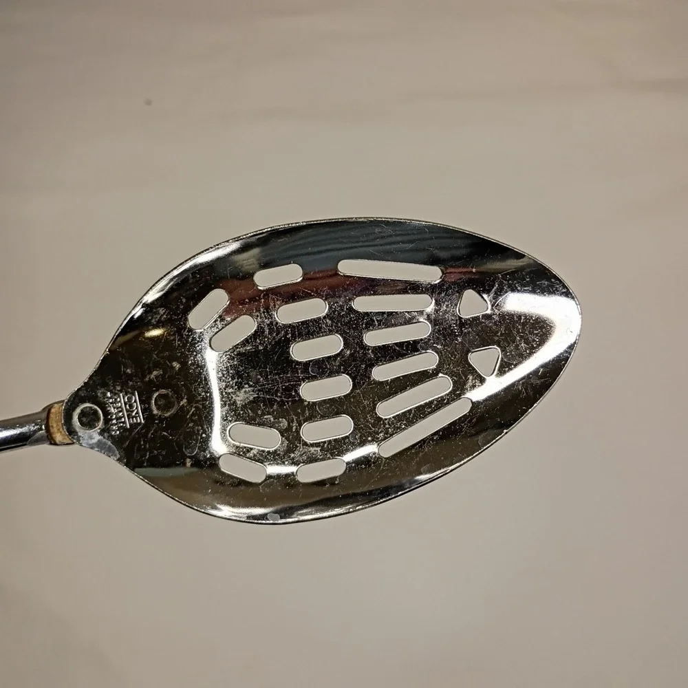 Vintage Ekco Slotted‎ Serving Spoon Chromium Plated Black Plastic Handle USA 12